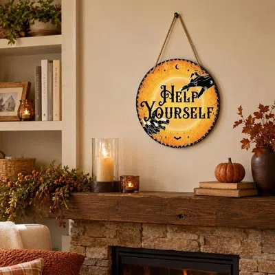 Citrus Halloween “help Yourself” Wooden Door Sign – 10" Rustic Farmhouse Porch Décor In Black;yellow