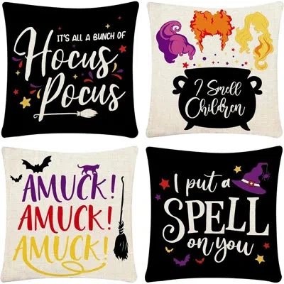 Citrus Halloween Hocus Pocus Pillow Covers Set | Linen Spooky Throw Cushion Cases For Fall Home Décor In Multi