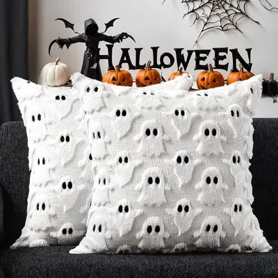 Citrus Halloween White Ghost Plush Pillow Covers Set | Faux Fur Spooky Cushion Cases For Fall Home Décor In Black;white