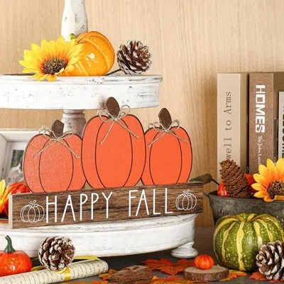 Citrus Happy Fall & Halloween Wooden Pumpkin Sign – Double-sided Tabletop & Tiered Tray Décor In Orange