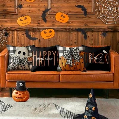 Citrus Happy Halloween Ghost Pumpkin Pillow Covers Set | Spooky Jack O Lantern Cushion Cases For Fall Décor In Brown