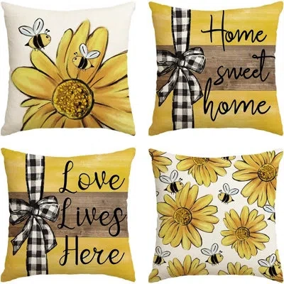 Citrus Home Sweet Home Bee Sunflower Throw Pillow Covers Set Of 4, Love Lives Here Decorative Cushion Cover In Multi