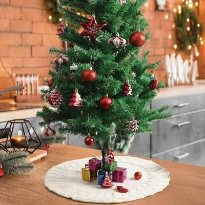 Citrus Knitted Christmas Tree Skirt, Braided Pattern Cozy Holiday Tree Decor In White