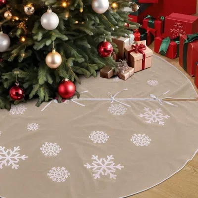 Citrus Large Beige Burlap Christmas Tree Skirt With Snowflake Pattern, Rustic Farmhouse Holiday Decor