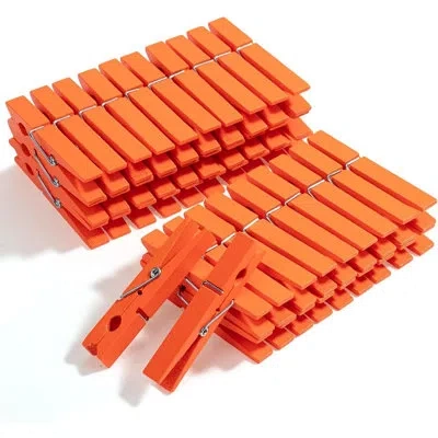 Citrus Large Wooden Clothes Pins, 50 Pack Natural Wood Clips With Rust Resistant Spring For Laundry, Crafts In Orange