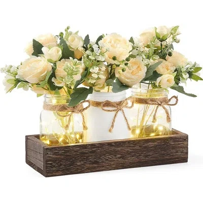 Citrus Mason Jar Centerpiece Table Decor With Led Lights, Wooden Tray And Artificial Flowers For Dining Tab In Multi