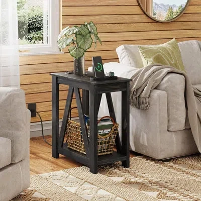 Citrus Narrow Black End Table With Charging Station, Slim Farmhouse Side Table With Open Storage Shelf, 2 U