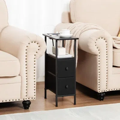 Citrus Narrow End Table With Charging Station, Slim Side Table With Fabric Drawers, Skinny Nightstand For L In Black