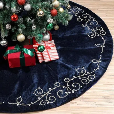 Citrus Navy Blue Luxury Velvet Christmas Tree Skirt With Gold Embroidered Pearls & Crystals, Baroque Plush  In Navy;blue