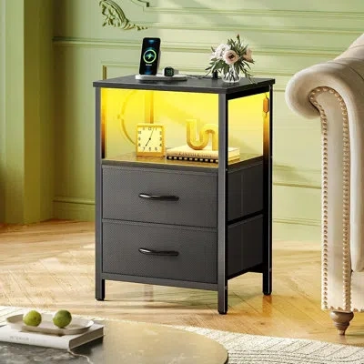 Citrus Nightstand With Charging Station & Led Lights, 2-drawer Bedside Table With Open Shelf, Fabric Storag In Black