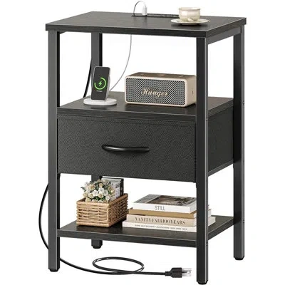 Citrus Nightstand With Charging Station, Bedside Table With Adjustable Fabric Drawer, 3-tier Storage End Ta In Black