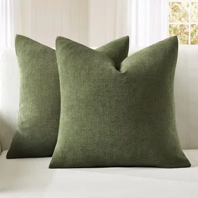 Citrus Olive Green Chenille Throw Pillow Covers, 18" X 18" Soft Decorative Cushion Cases