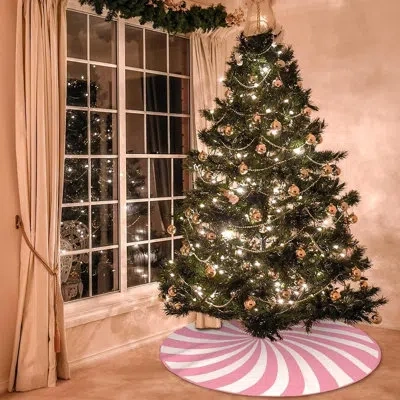 Citrus Pink Candy Christmas Tree Skirt, Pastel Candy Cane Brushed Fabric Tree Base Cover, Cute Holiday Deco