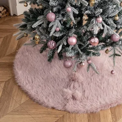 Citrus Pink Faux Fur Christmas Tree Skirt, Plush Luxury Tree Base Cover For Holiday Décor And Festive Home 