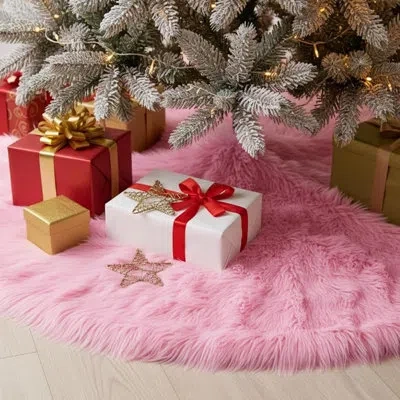 Citrus Pink Faux Fur Christmas Tree Skirt – Soft Plush Luxury Tree Base Cover For Christmas & Holiday Decor
