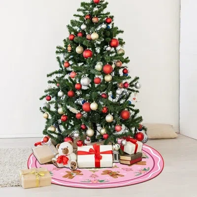 Citrus Pink Gingerbread Christmas Tree Skirt, Green Wreath And Snowflake Rustic Holiday Decor In Pink;green
