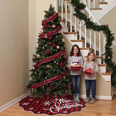 Citrus Red And Black Buffalo Plaid Reversible Christmas Tree Skirt, Rustic Farmhouse Holiday Decor In Red;black