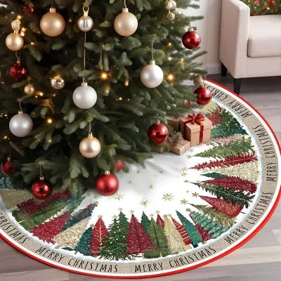 Citrus Red And Green Christmas Tree Skirt, Vintage Pine Tree Holiday Farmhouse Decor In Red;white;green