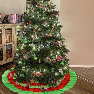 Citrus Red And Green Ruffle Christmas Tree Skirt, Fluffy Farmhouse Holiday Tree Decor In Red;green