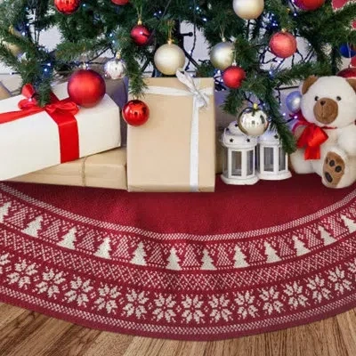 Citrus Red Knitted Snowflake Christmas Tree Skirt, Retro Wool-style Holiday Decor