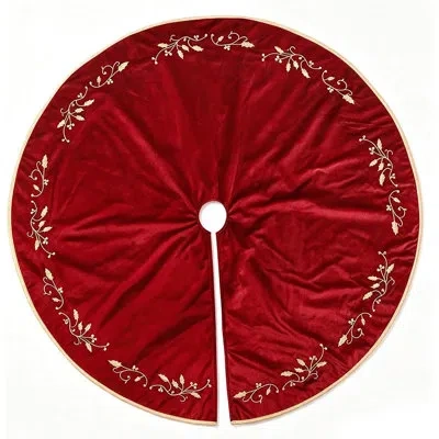 Citrus Red Luxury Velvet Plush Christmas Tree Skirt With Gold Embroidered Holly Leaves – Rustic Holiday Tre