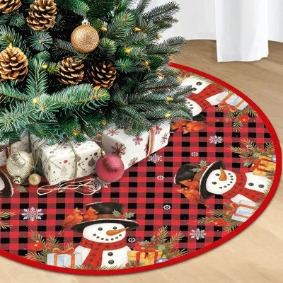 Citrus Red Plush Snowman Christmas Tree Skirt, Snowflake Winter Holiday Farmhouse Decor