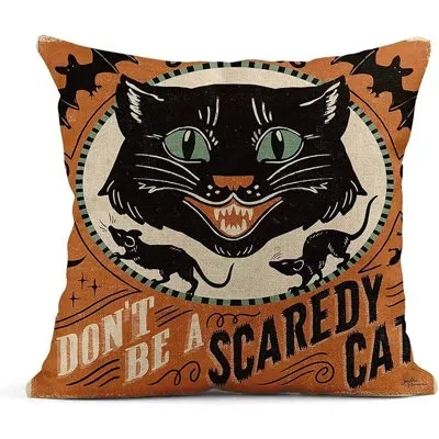 Citrus Retro Halloween Linen Throw Pillow Covers Set | Cat Pumpkin Skull Cushion Cases For Seasonal Home Dé In Brown