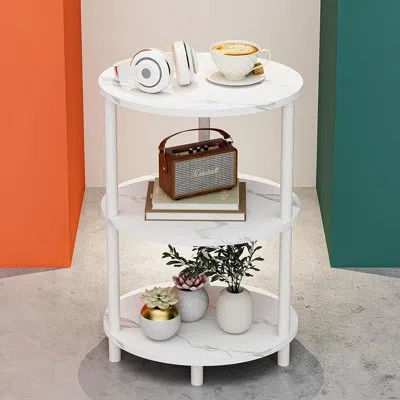 Citrus Round Pedestal End Table With 3-tier Storage, Rustic Wood & Metal Accent Side Table For Living Room, In Marble White