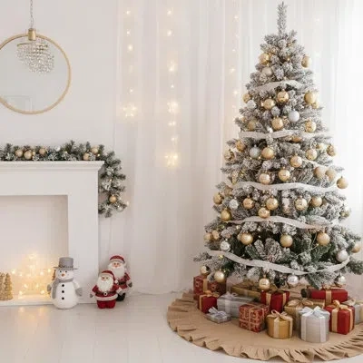 Citrus Ruffled Burlap Linen Christmas Tree Skirt – Rustic Farmhouse Tree Base Cover For Holiday & Seasonal  In Beige