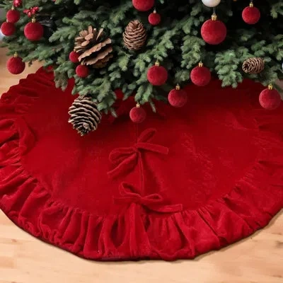 Citrus Ruffled Velvet Christmas Tree Skirt, Vintage Red Holiday Decor