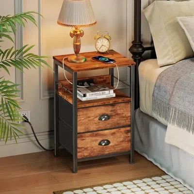 Citrus Rustic Brown End Table With Charging Station, Nightstand With Fabric Drawers, Usb Ports, Power Outle