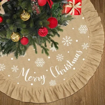 Citrus Rustic Burlap Christmas Tree Skirt With Ruffle Border – White Snowflake & Merry Christmas Farmhouse  In Brown