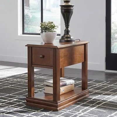 Citrus Rustic Wooden Chairside End Table With Drawer & Fixed Storage Shelf, Narrow Accent Nightstand For Li In Brown