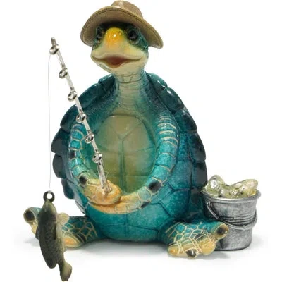 Citrus Sea Turtle Fishing Figurine Statue, Coastal Summer Beach Tabletop Decor, Nautical Turtle Ornament Fo In Multi