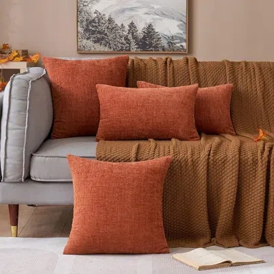 Citrus Set Of 2 Chenille Fall Throw Pillow Covers, 18" X 18" Soft Decorative Cushion Cases, Burnt Orange In Red