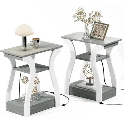 Citrus Set Of 2 End Tables With Charging Station, 3-tier Side Table With Storage Shelf, Nightstand For Bedr In Green
