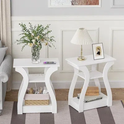 Citrus Set Of 2 End Tables With Charging Station, 3-tier Side Tables With Storage Shelves, Nightstands For  In White