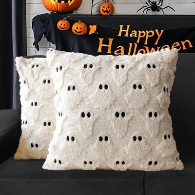 Citrus Set Of 2 Halloween Ghost Pillow Covers, Beige Plush Faux Fur Throw Cushion Cases, Soft Farmhouse Fal
