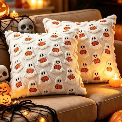 Citrus Set Of 2 Halloween Ghost Pillow Covers, Cream Plush Faux Fur Throw Cushion Cases, 3d Spooky Fall Déc In White