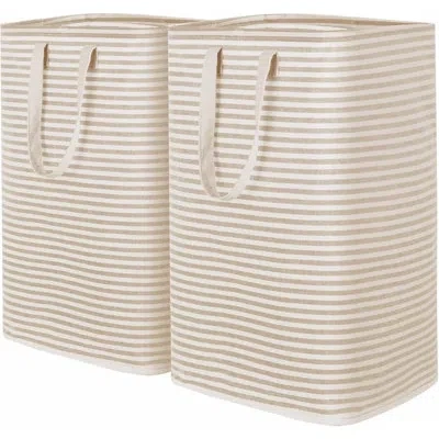 Citrus Set Of 2 Laundry Baskets, 80l Each Collapsible Clothes Hampers With Reinforced Handles, Freestanding In Beige