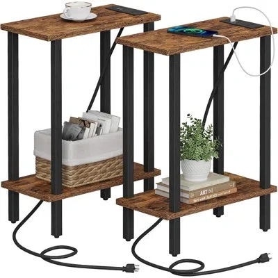 Citrus Set Of 2 Narrow End Tables With Charging Station, Slim Side Tables With Usb Ports & Power Outlets Fo In Brown