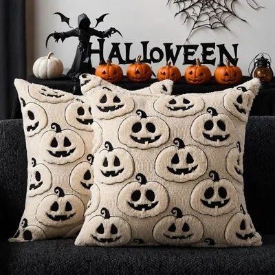 Citrus Set Of 2 Pumpkin Pillow Covers – Beige & Black Plush Fall Home Décor