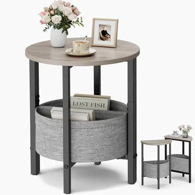 Citrus Set Of 2 Small Round Side Tables With Storage Basket, Modern Half Moon Accent End Tables & Tall Nigh In Gray