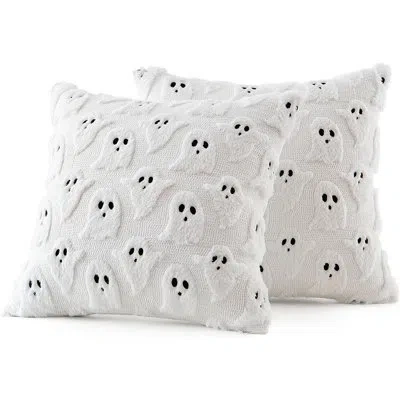Citrus Set Of 2 White Halloween Ghost Pillow Covers, Soft Plush Faux Fur Throw Cushion Covers, Spooky Fall 