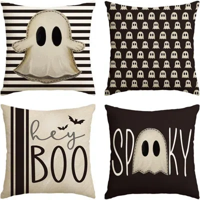 Citrus Set Of 4 Halloween “hey Boo” Ghost Throw Pillow Covers, Cute Spooky Cushion Cases For Sofa, Couch, B In Black