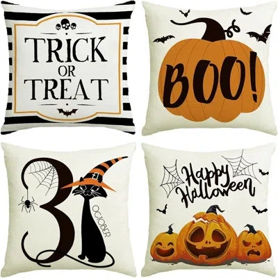Citrus Set Of 4 Halloween Throw Pillow Covers, Black & Orange Trick Or Treat Cushion Cases With Striped Des In Orange;white;black