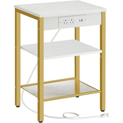 Citrus Side Table With Charging Station And Usb Port, 3-tier End Table Nightstand With Adjustable Shelf For In Gold