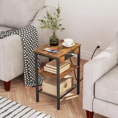 Citrus Side Table With Charging Station, Usb And Type-c Ports, 3-tier End Table With Adjustable Shelf, Smal In Brown