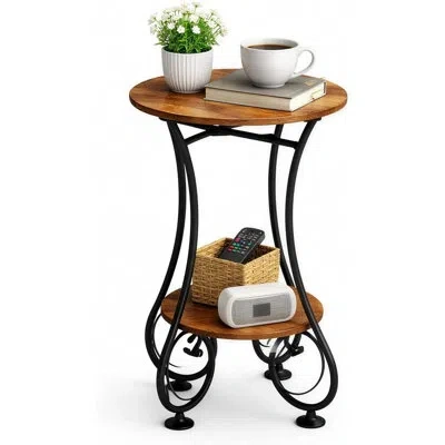 Citrus Small Round Side Table With Lower Storage Shelf, Compact End Table & Bedside Nightstand For Living R In Brown