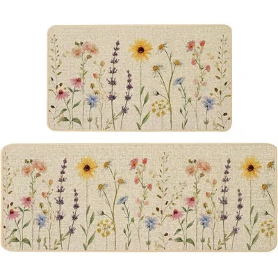 Citrus Summer Floral Kitchen Mats Set Of 2, Vintage Sunflower And Daisy Non-slip Kitchen Rugs, Absorbent Lo In Multi